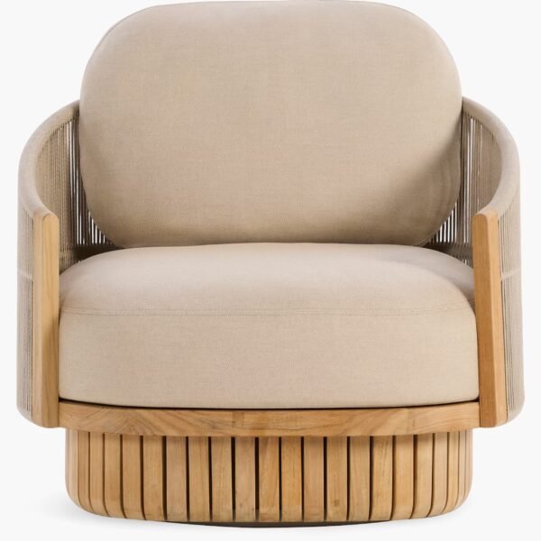 Beige Swivel Rope Lounge Chair – Outdoor Teak Armchair with Rotating Base - Image 3