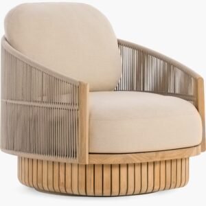 Beige Swivel Rope Lounge Chair – Outdoor Teak Armchair with Rotating Base