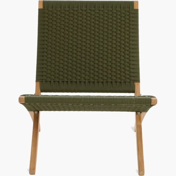 Olive Green Canvas Rope Lounge Chair – Foldable Outdoor Cane Wood Chair - Image 3