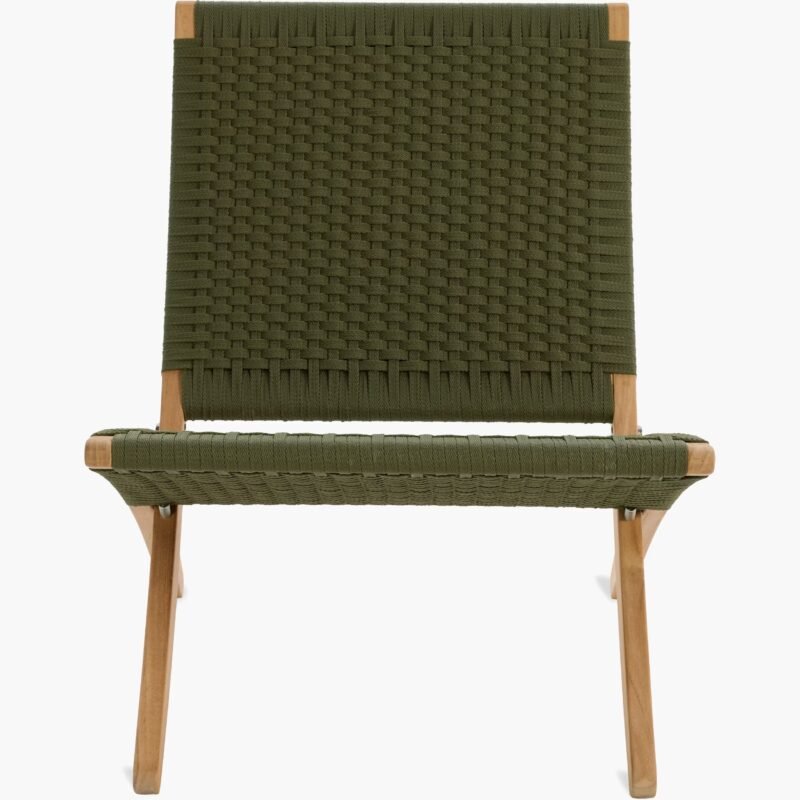 Olive Green Canvas Rope Lounge Chair – Foldable Outdoor Cane Wood Chair - Image 3
