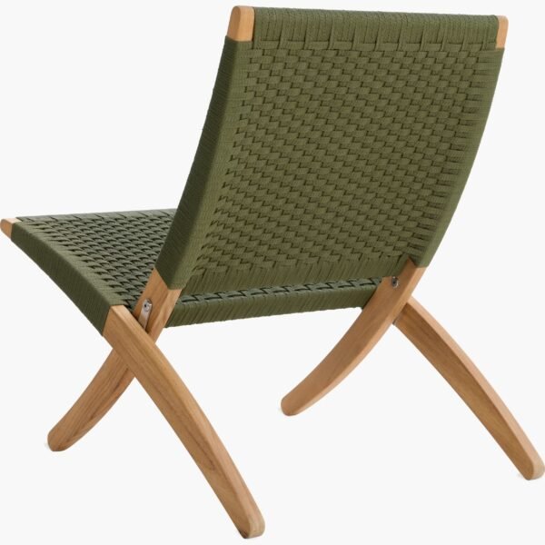 Olive Green Canvas Rope Lounge Chair – Foldable Outdoor Cane Wood Chair - Image 2