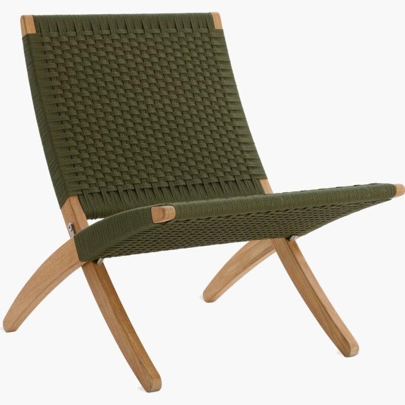 Olive Green Canvas Rope Lounge Chair – Foldable Outdoor Cane Wood Chair