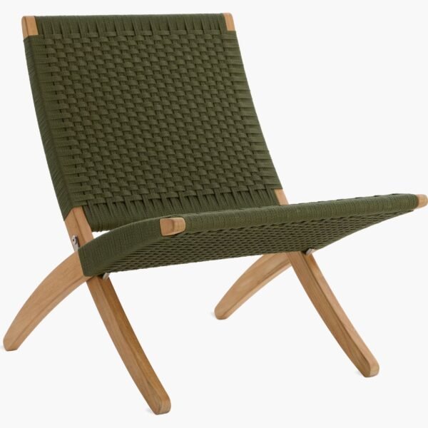 Olive Green Canvas Rope Lounge Chair – Foldable Outdoor Cane Wood Chair - Image 6
