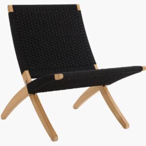 Black Canvas Rope Lounge Chair – Modern Foldable Outdoor Chair in Cane Wood