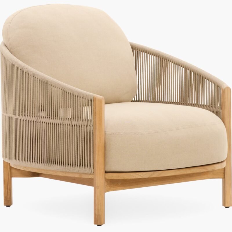 Beige Rope Lounge Chair – Outdoor Teak Armchair with Cushion Comfort