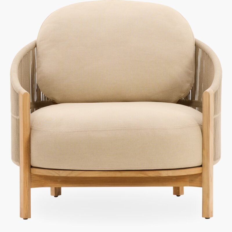 Beige Rope Lounge Chair – Outdoor Teak Armchair with Cushion Comfort - Image 3