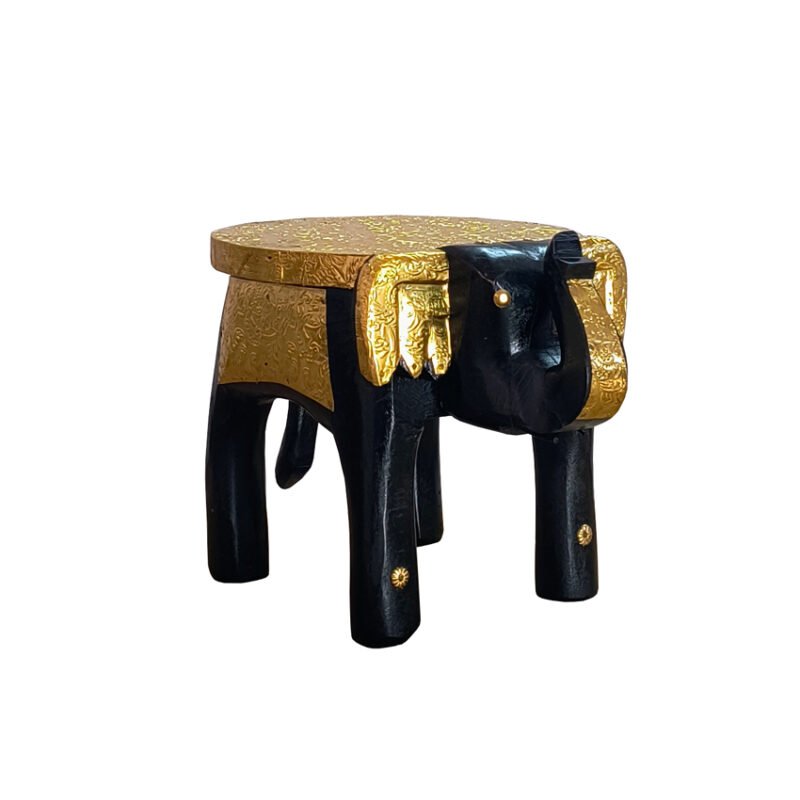 Handcrafted Wooden Elephant Stool with Brass Inlay