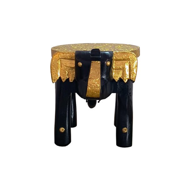 Handcrafted Wooden Elephant Stool with Brass Inlay - Image 4