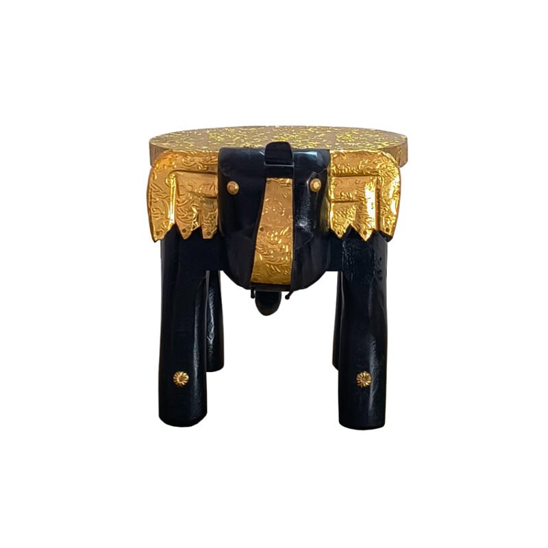 Handcrafted Wooden Elephant Stool with Brass Inlay - Image 4