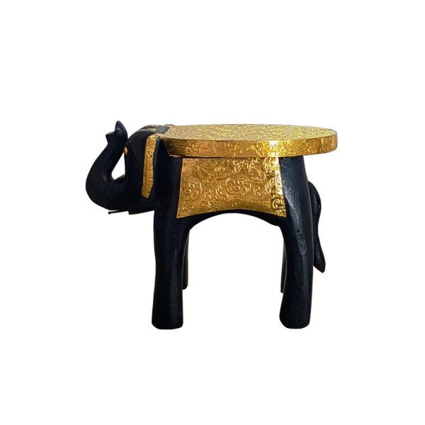 Handcrafted Wooden Elephant Stool with Brass Inlay - Image 3