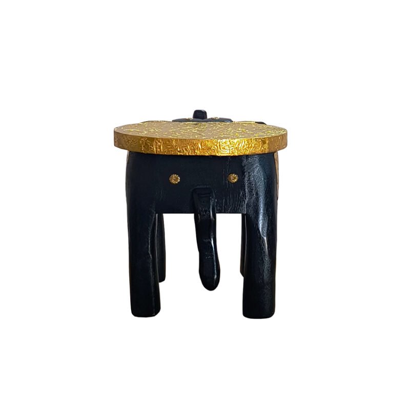 Handcrafted Wooden Elephant Stool with Brass Inlay - Image 2