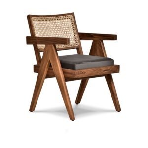 Dining Chair With Natural Cane and Leather Black Seat