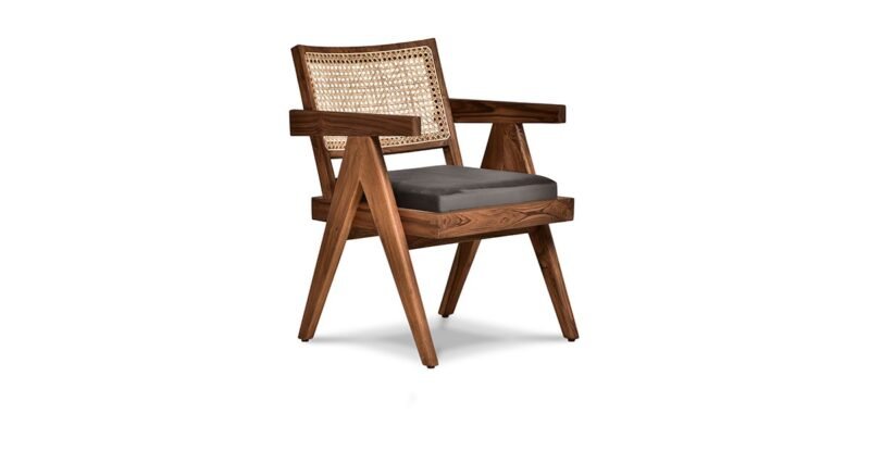 Dining Chair With Natural Cane and Leather Black Seat
