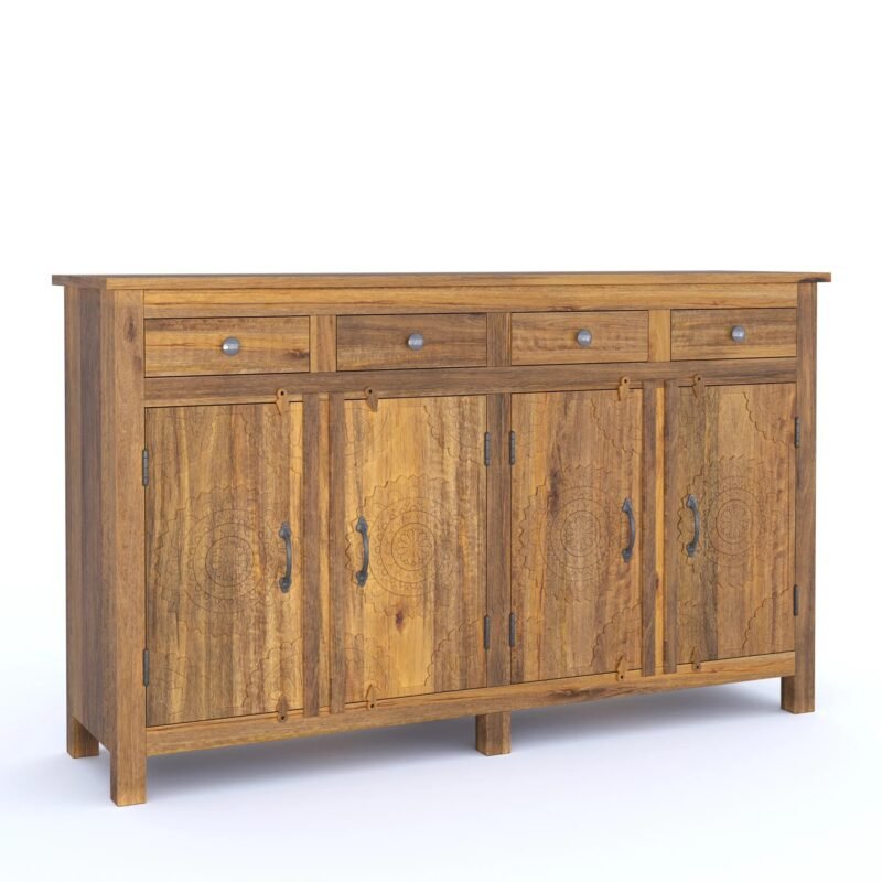 Solid Mango Wood Sideboard with 4 Drawers and Carved Door