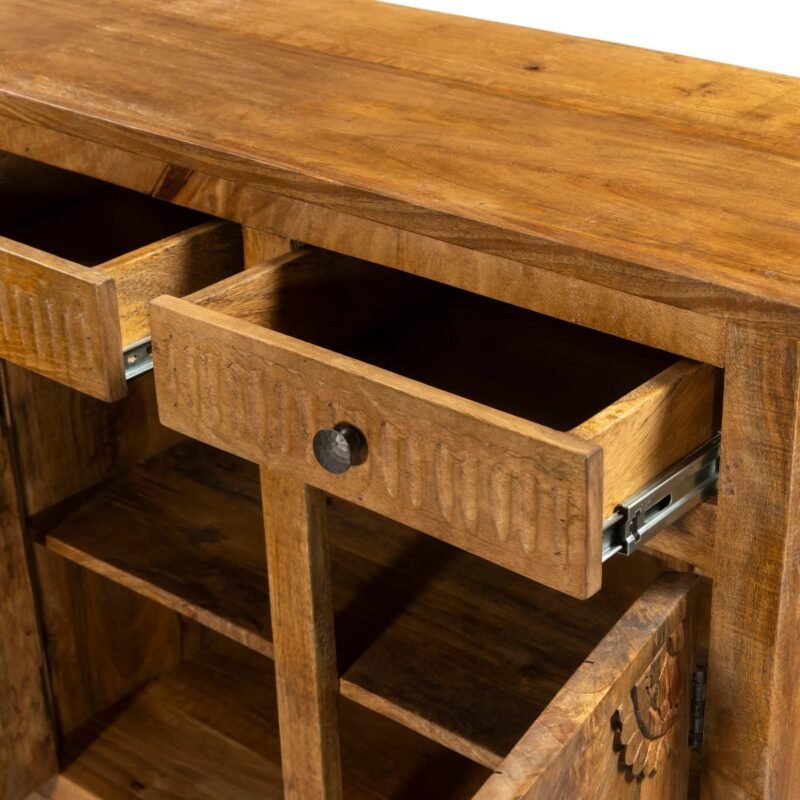 Solid Mango Wood Sideboard with 4 Drawers and Carved Door - Image 3